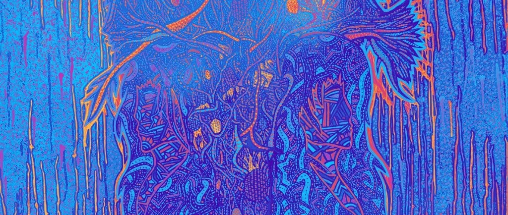 Video Mixed media sculptural figure by Cheyenne Sandoval featuring black feathers, beaded hood, and abstract blue and red patterning