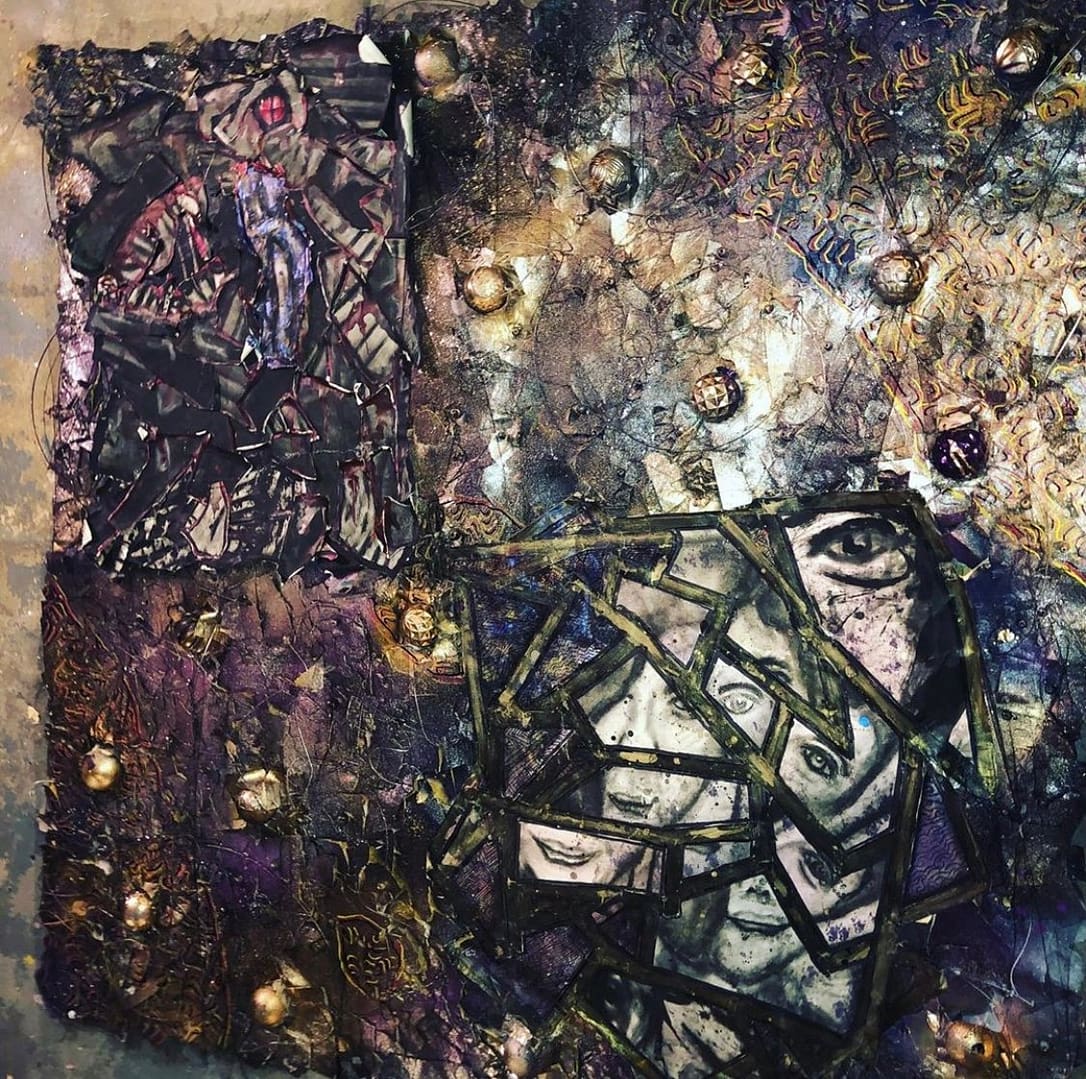 Video Mixed media sculptural figure by Cheyenne Sandoval featuring black feathers, beaded hood, and abstract blue and red patterning