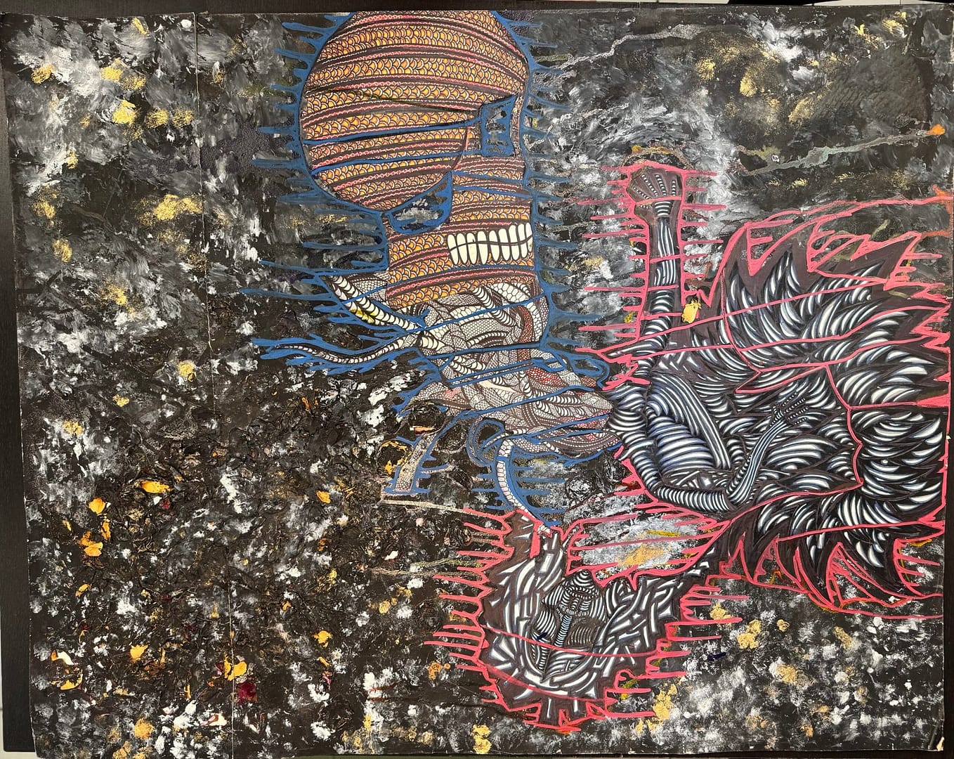 Studio Mixed media sculptural figure by Cheyenne Sandoval featuring black feathers, beaded hood, and abstract blue and red patterning